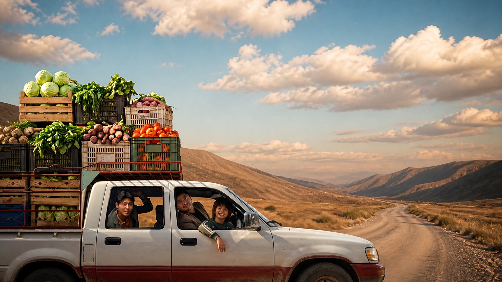 The vegetable truck carries fresh produce; ahead lies the next checkpoint