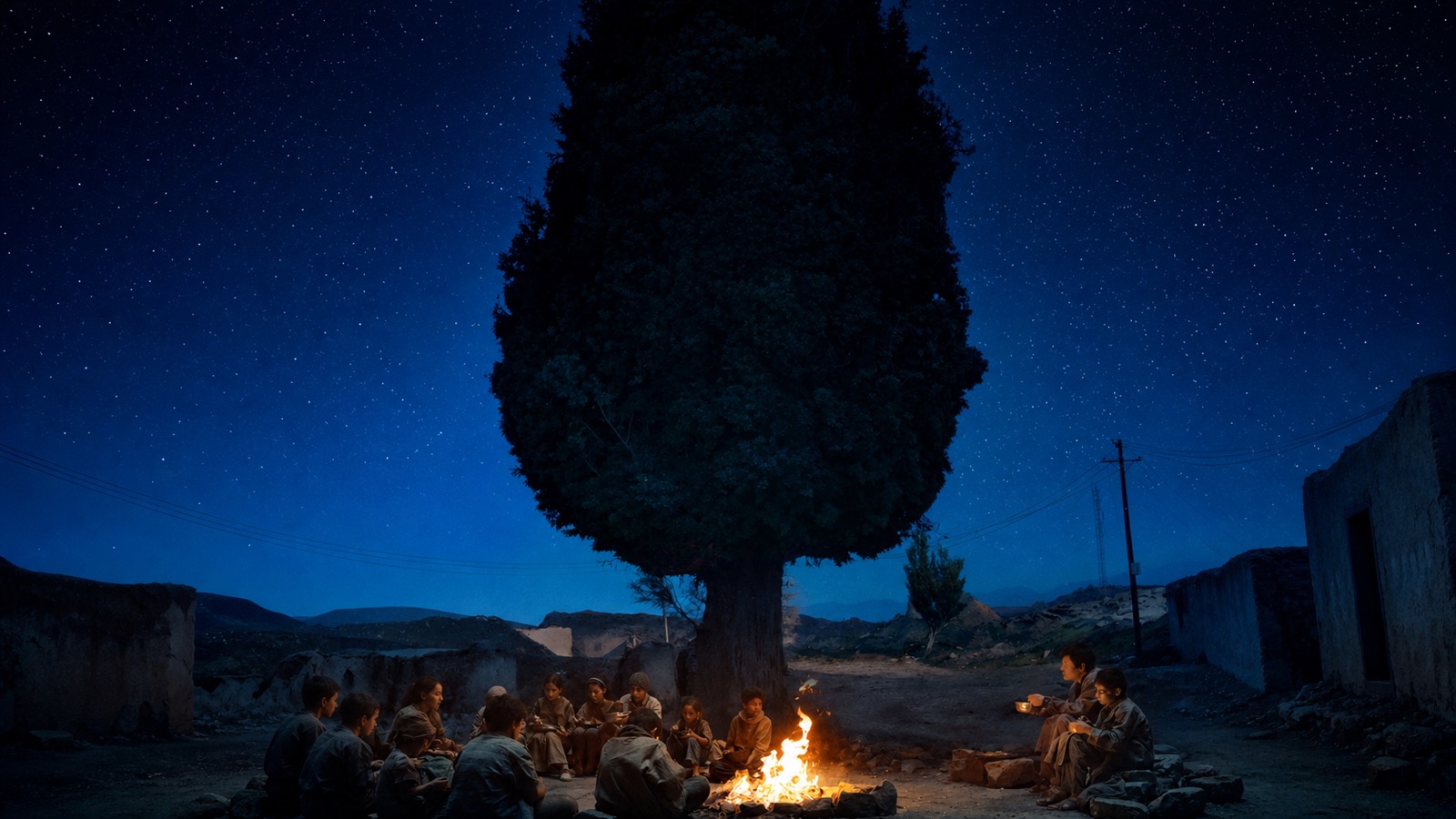 Children eating around a fire beneath a tree