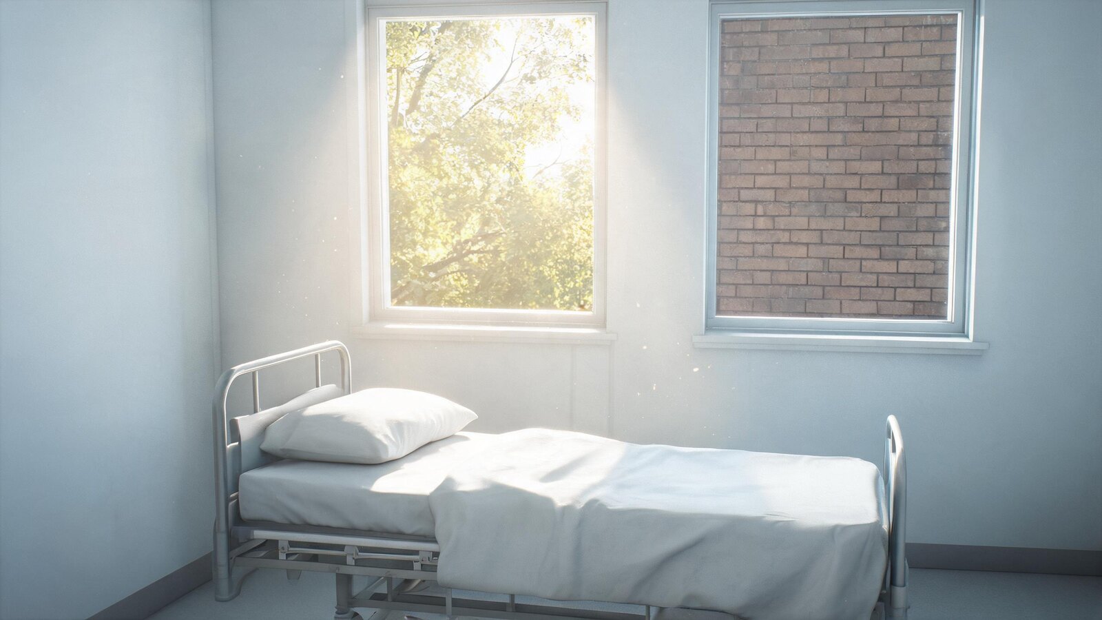 A hospital room facing trees and one facing a brick wall (research setting illustration)