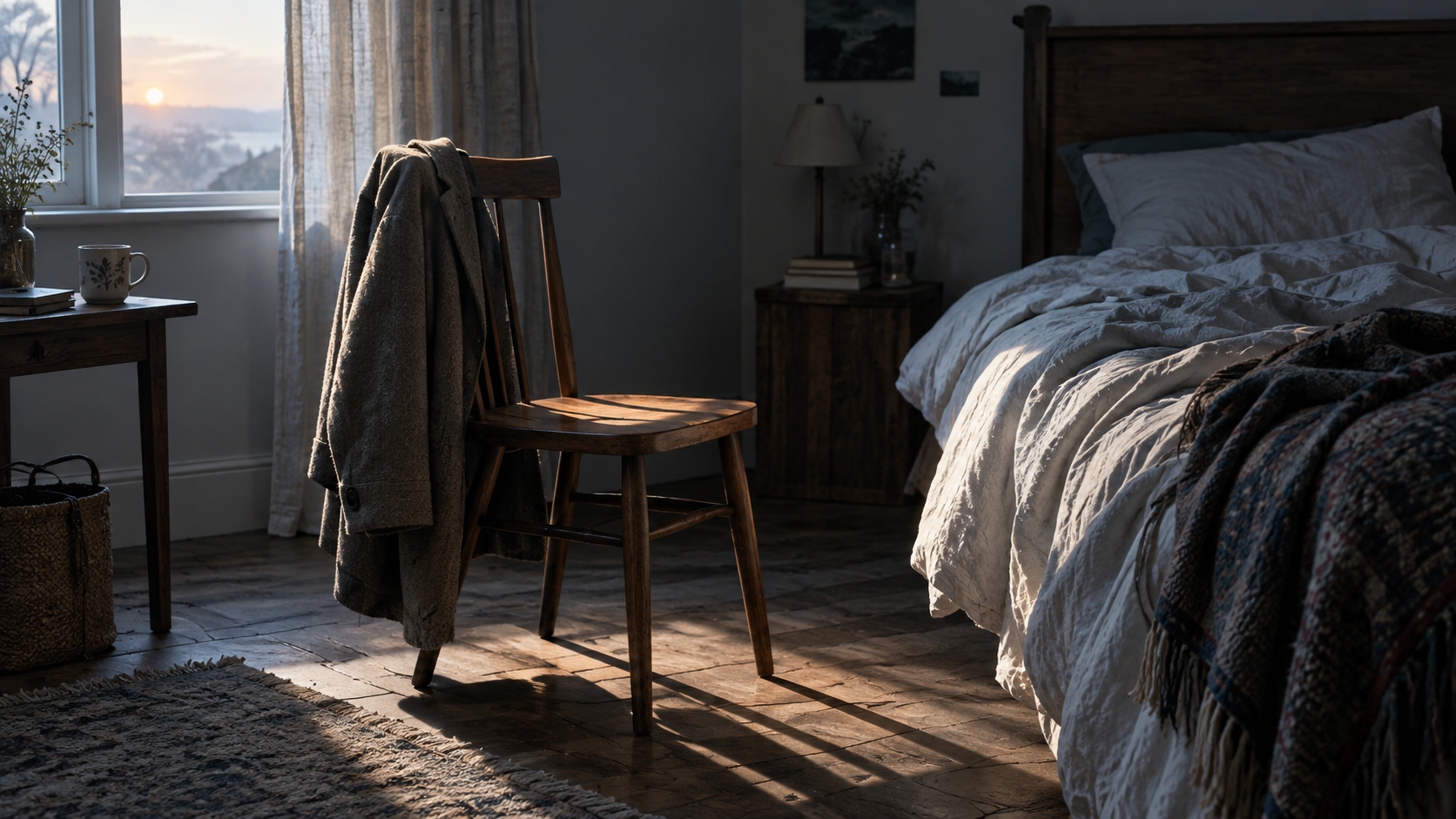 An empty chair beside a bed at daybreak