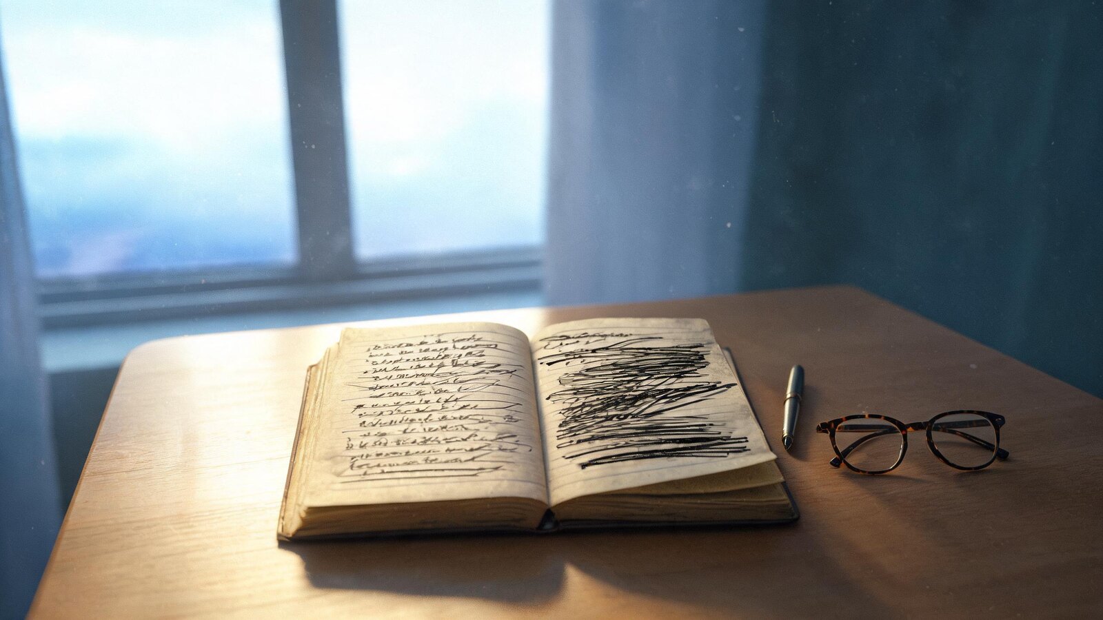 A diary page covered with the same sentence, repeatedly written and crossed out