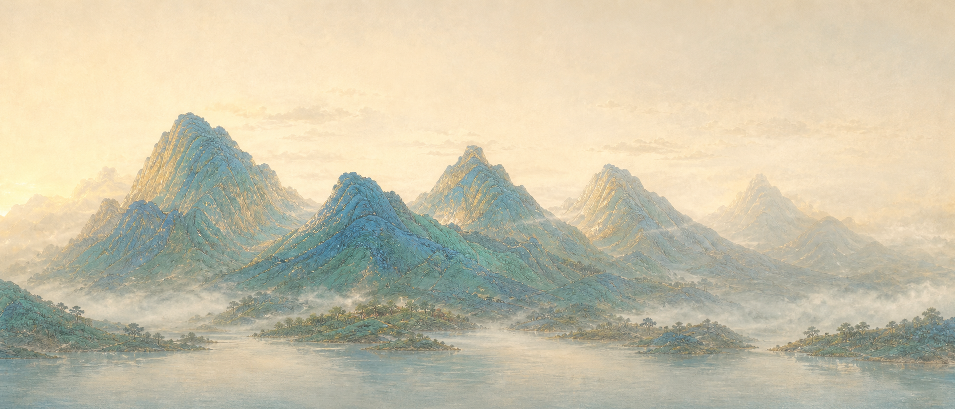 Five blue-green mountains rising above water and mist
